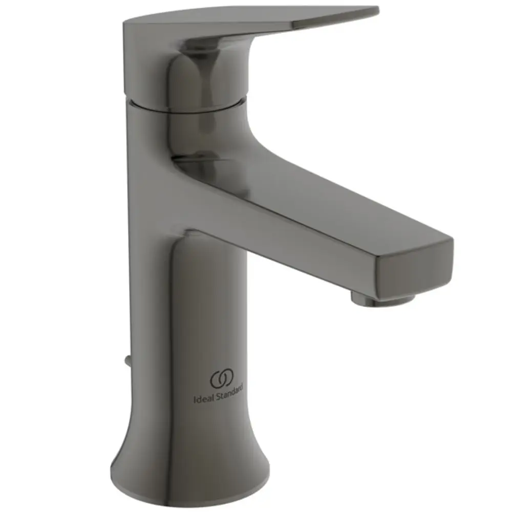Waschtischarmatur in einem minimalistischen Design mit einem Hebel, gefertigt von Ideal Standard. Die Oberfläche ist in einem modernen grauen Farbton gehalten.